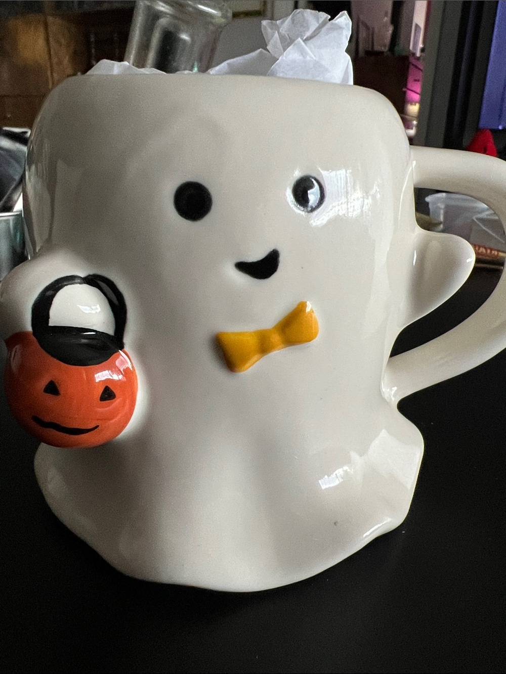 White Ghost Mug with Yellow Bow Tie and Orange Pumpkin Accent